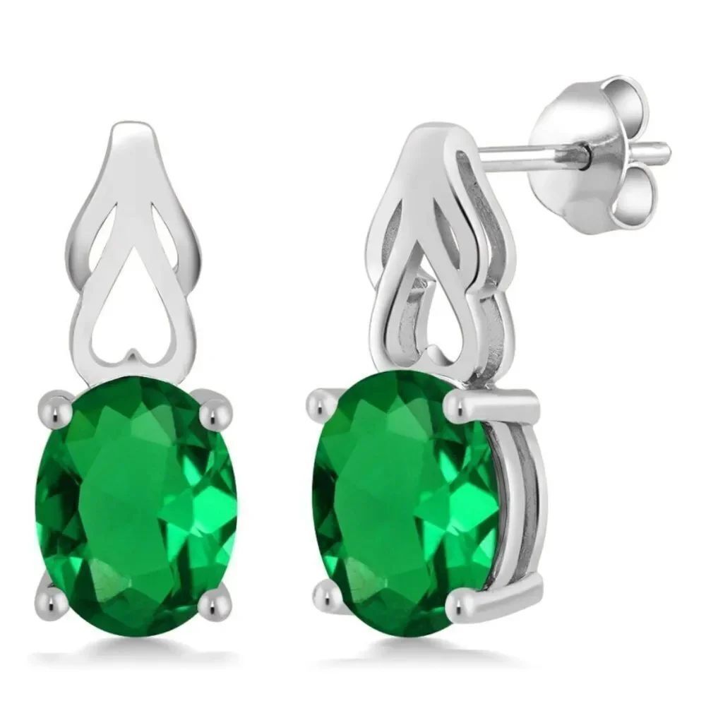 925 Sterling Silver with 3.00 Cttw Emerald Oval Post Back Drop Earrings